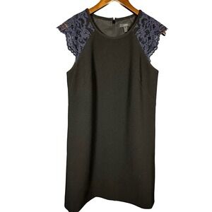 J. Crew Edged Blue Lace Cap Sleeve Black Shift Dress 8 LBD Cocktail Party Chic